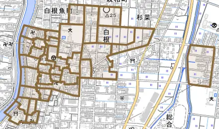 白根とその周辺の地図。町の範囲を重ねている