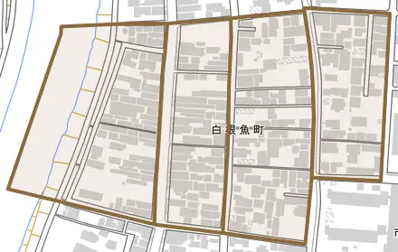 白根魚町とその周辺の地図。町の範囲を重ねている