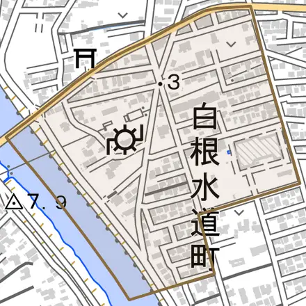 白根水道町とその周辺の地図。町の範囲を重ねている