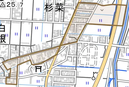 白根ノ内七軒とその周辺の地図。町の範囲を重ねている