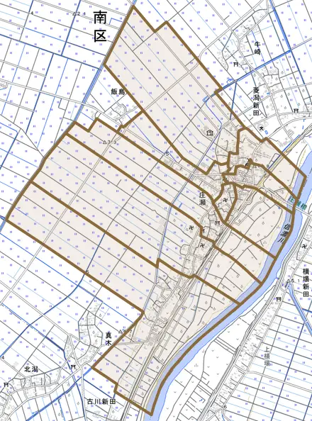 庄瀬とその周辺の地図。町の範囲を重ねている