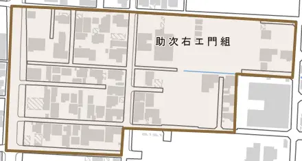 助次右エ門組とその周辺の地図。町の範囲を重ねている