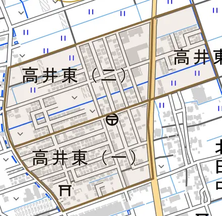 高井東とその周辺の地図。町の範囲を重ねている