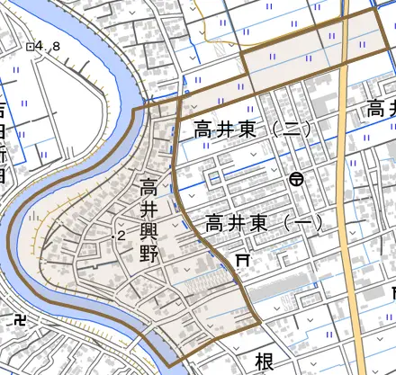 高井興野とその周辺の地図。町の範囲を重ねている