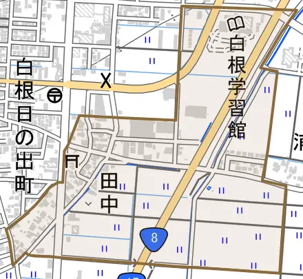 田中とその周辺の地図。町の範囲を重ねている