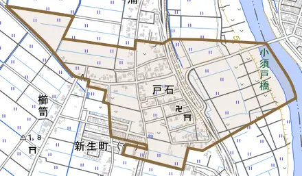 戸石とその周辺の地図。町の範囲を重ねている