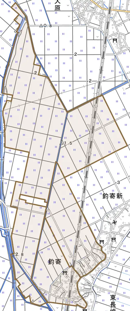 釣寄とその周辺の地図。町の範囲を重ねている