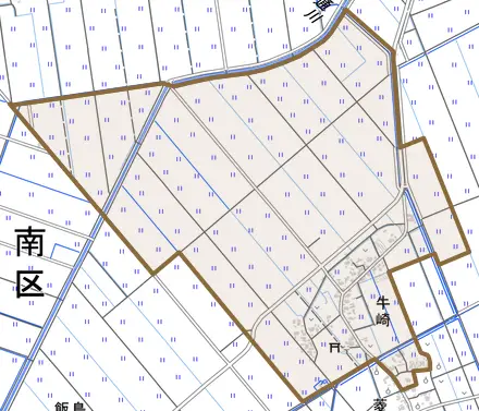 牛崎とその周辺の地図。町の範囲を重ねている