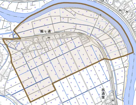 獺ケ通とその周辺の地図。町の範囲を重ねている