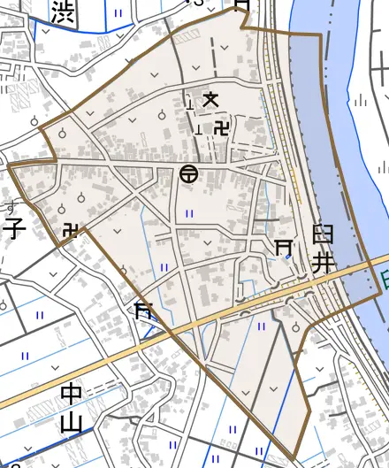 臼井とその周辺の地図。町の範囲を重ねている