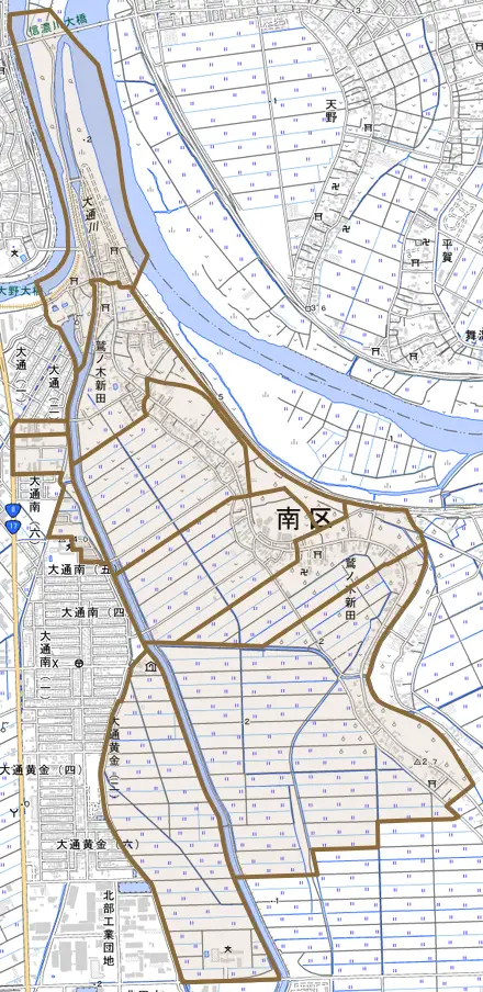 鷲ノ木新田とその周辺の地図。町の範囲を重ねている