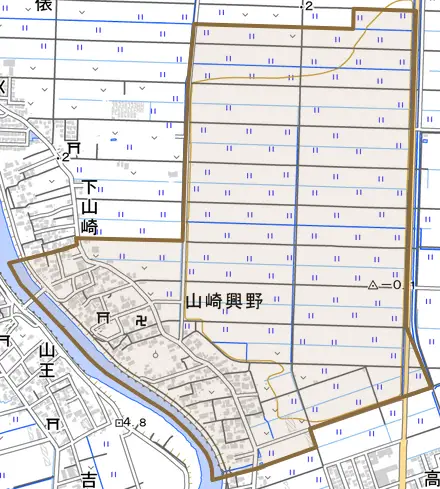 山崎興野とその周辺の地図。町の範囲を重ねている