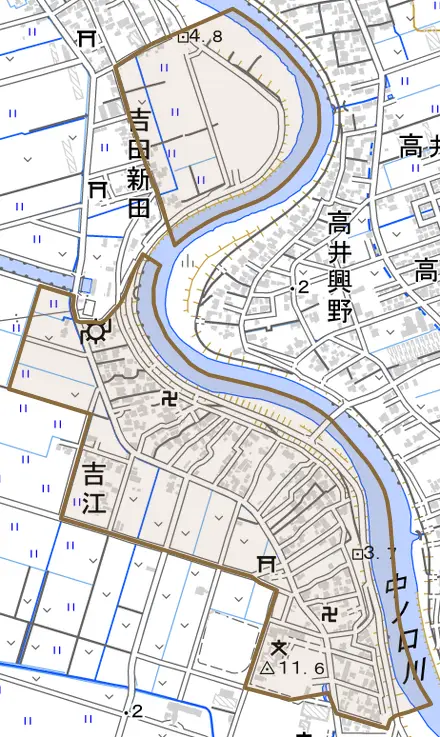 吉江とその周辺の地図。町の範囲を重ねている