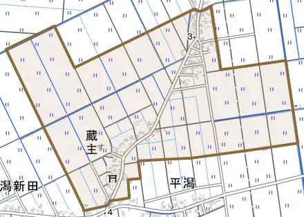 蔵主とその周辺の地図。町の範囲を重ねている
