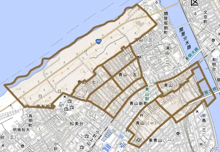 青山とその周辺の地図。町の範囲を重ねている