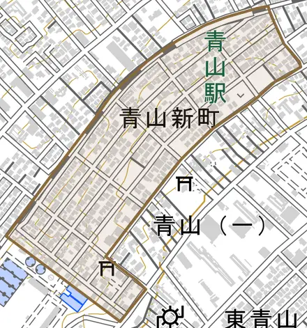 青山新町とその周辺の地図。町の範囲を重ねている