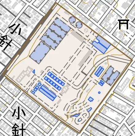 青山水道とその周辺の地図。町の範囲を重ねている
