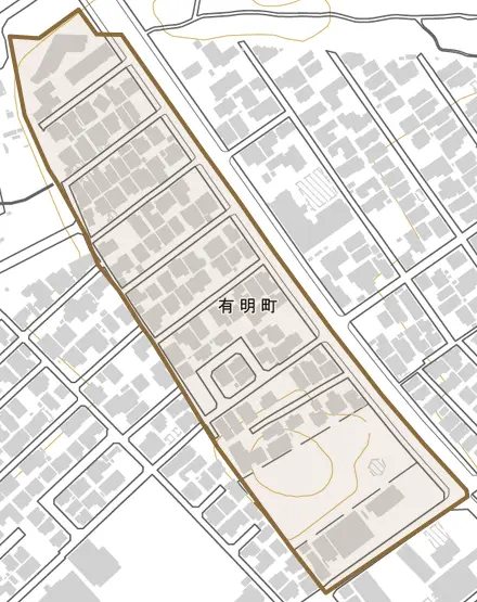 有明町とその周辺の地図。町の範囲を重ねている