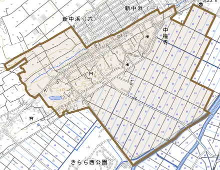 中権寺とその周辺の地図。町の範囲を重ねている