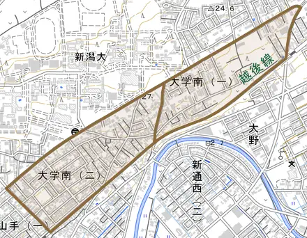 大学南とその周辺の地図。町の範囲を重ねている