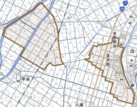 道河原とその周辺の地図。町の範囲を重ねている