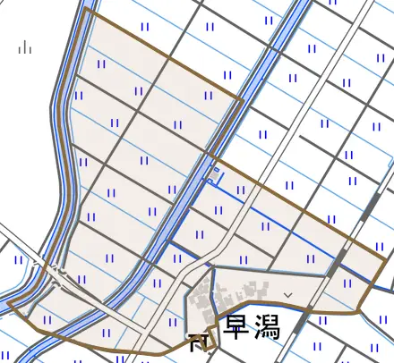 早潟とその周辺の地図。町の範囲を重ねている