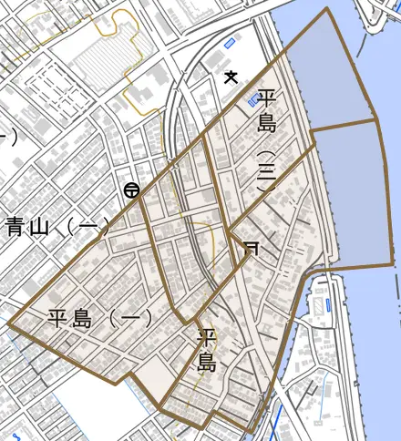 平島とその周辺の地図。町の範囲を重ねている