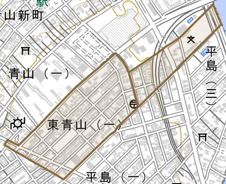 東青山とその周辺の地図。町の範囲を重ねている