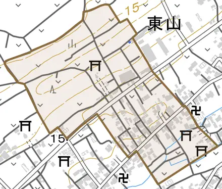 東山とその周辺の地図。町の範囲を重ねている