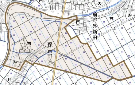 保古野木とその周辺の地図。町の範囲を重ねている