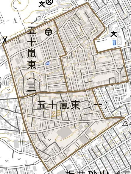 五十嵐東とその周辺の地図。町の範囲を重ねている
