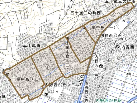 五十嵐中島とその周辺の地図。町の範囲を重ねている