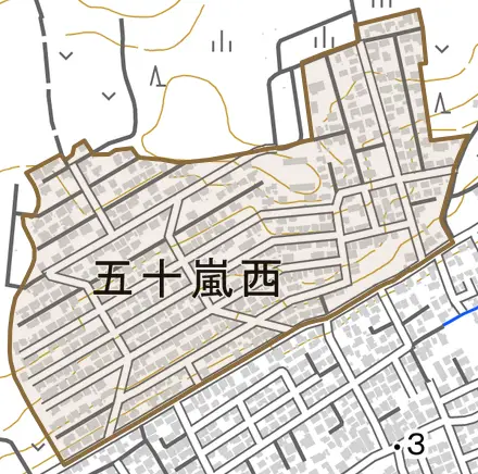 五十嵐西とその周辺の地図。町の範囲を重ねている