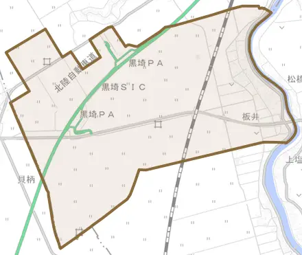 板井とその周辺の地図。町の範囲を重ねている