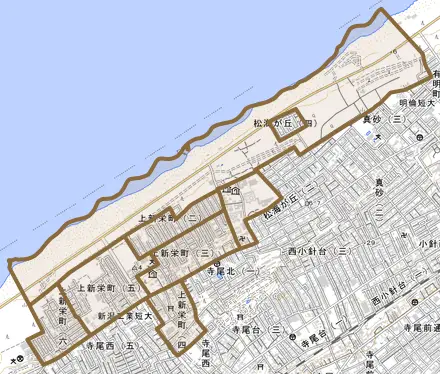 上新栄町とその周辺の地図。町の範囲を重ねている