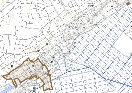 神山とその周辺の地図。町の範囲を重ねている