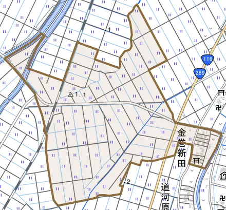 金巻新田とその周辺の地図。町の範囲を重ねている