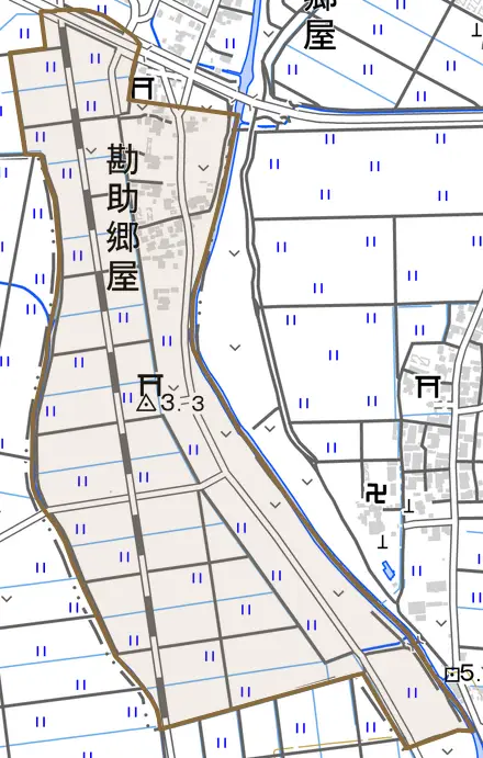 勘助郷屋とその周辺の地図。町の範囲を重ねている