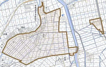 笠木とその周辺の地図。町の範囲を重ねている