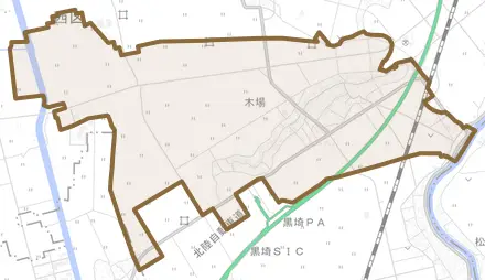 木場とその周辺の地図。町の範囲を重ねている