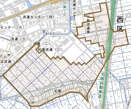 北場とその周辺の地図。町の範囲を重ねている