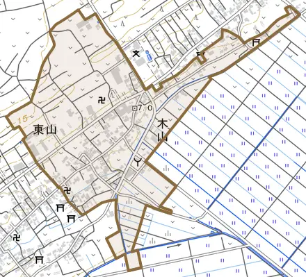 木山とその周辺の地図。町の範囲を重ねている