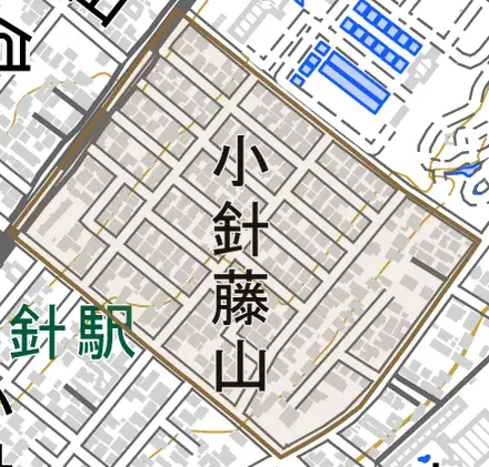 小針藤山とその周辺の地図。町の範囲を重ねている