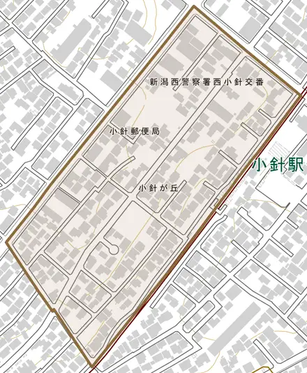 小針が丘とその周辺の地図。町の範囲を重ねている