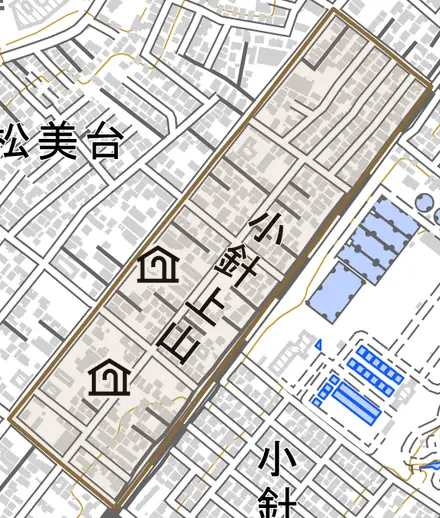 小針上山とその周辺の地図。町の範囲を重ねている