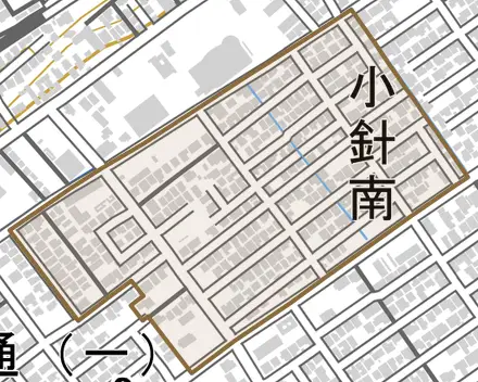 小針南とその周辺の地図。町の範囲を重ねている