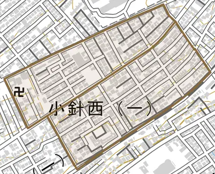 小針西とその周辺の地図。町の範囲を重ねている