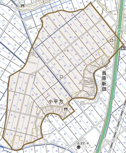 小平方とその周辺の地図。町の範囲を重ねている