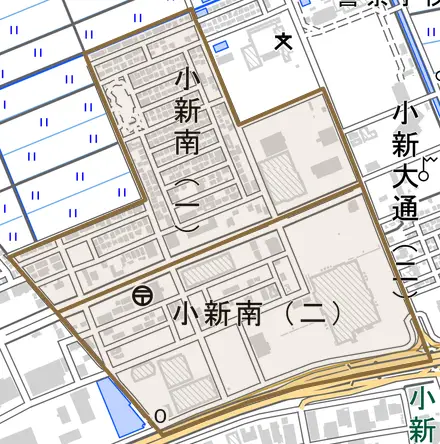 小新南とその周辺の地図。町の範囲を重ねている
