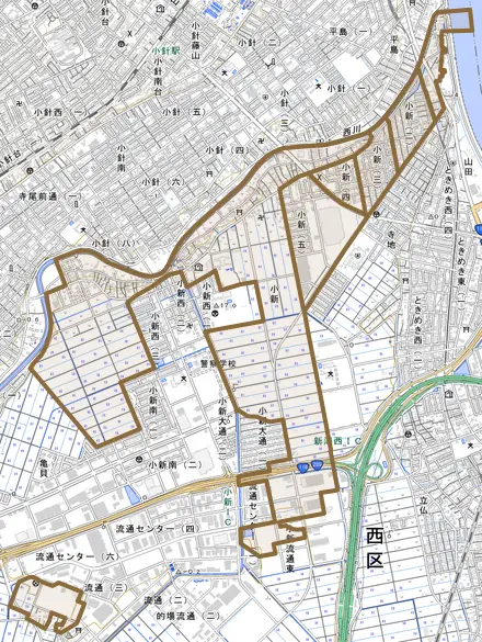 小新とその周辺の地図。町の範囲を重ねている
